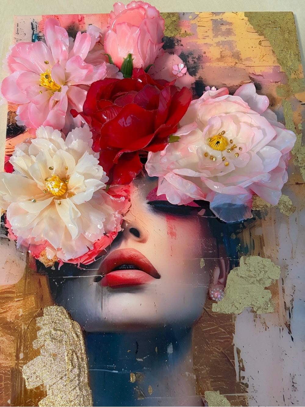 Handmade Resin Art 12”x17” Floral Face Art Print with Gold Leaf Accents. 1 of 1